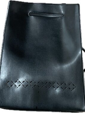 Black Leatherette Drawstring laser cut vegan pleather back pack | MONDANI NY